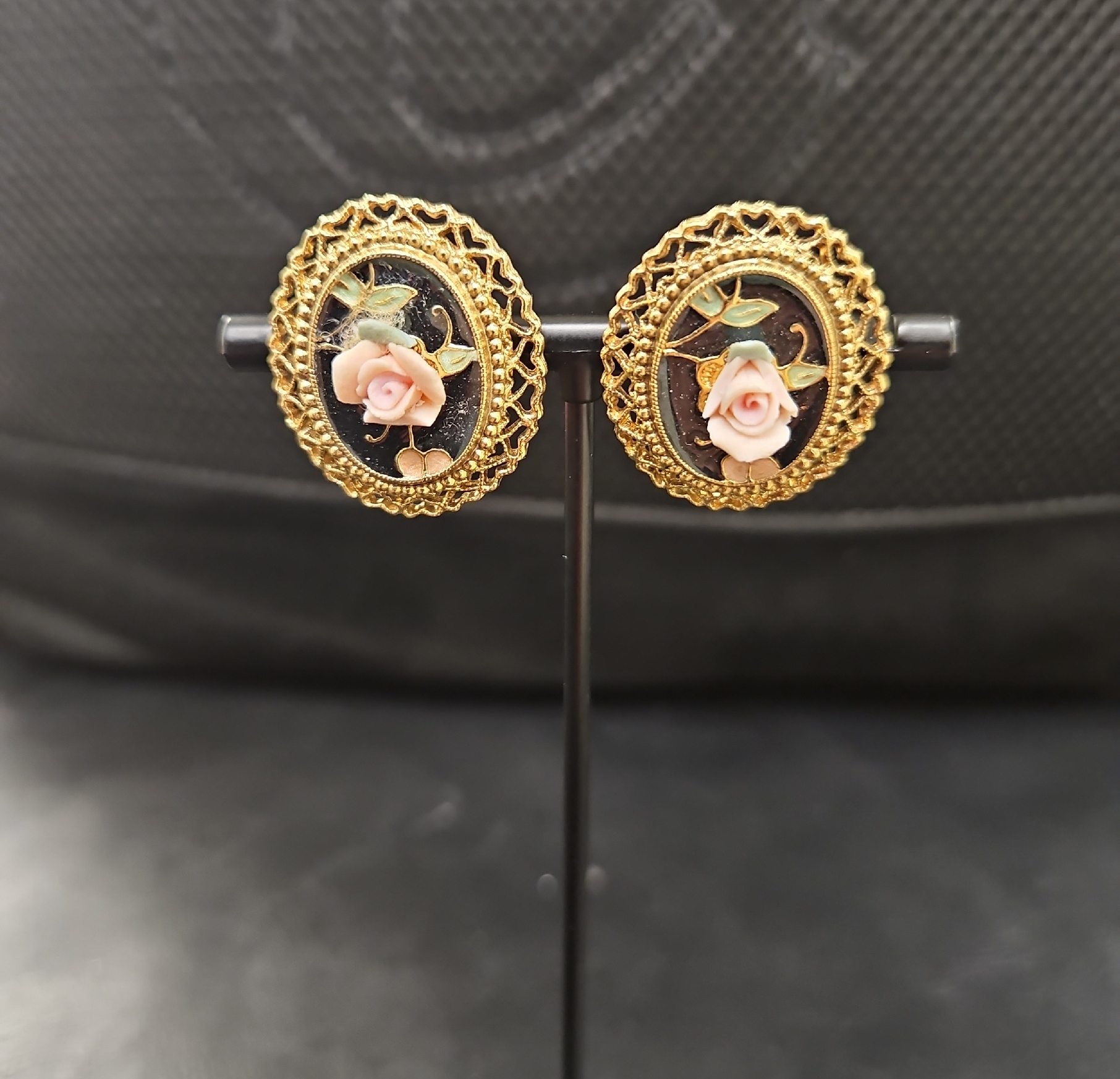 Gold-Tone Pink Rose Cameo Earrings